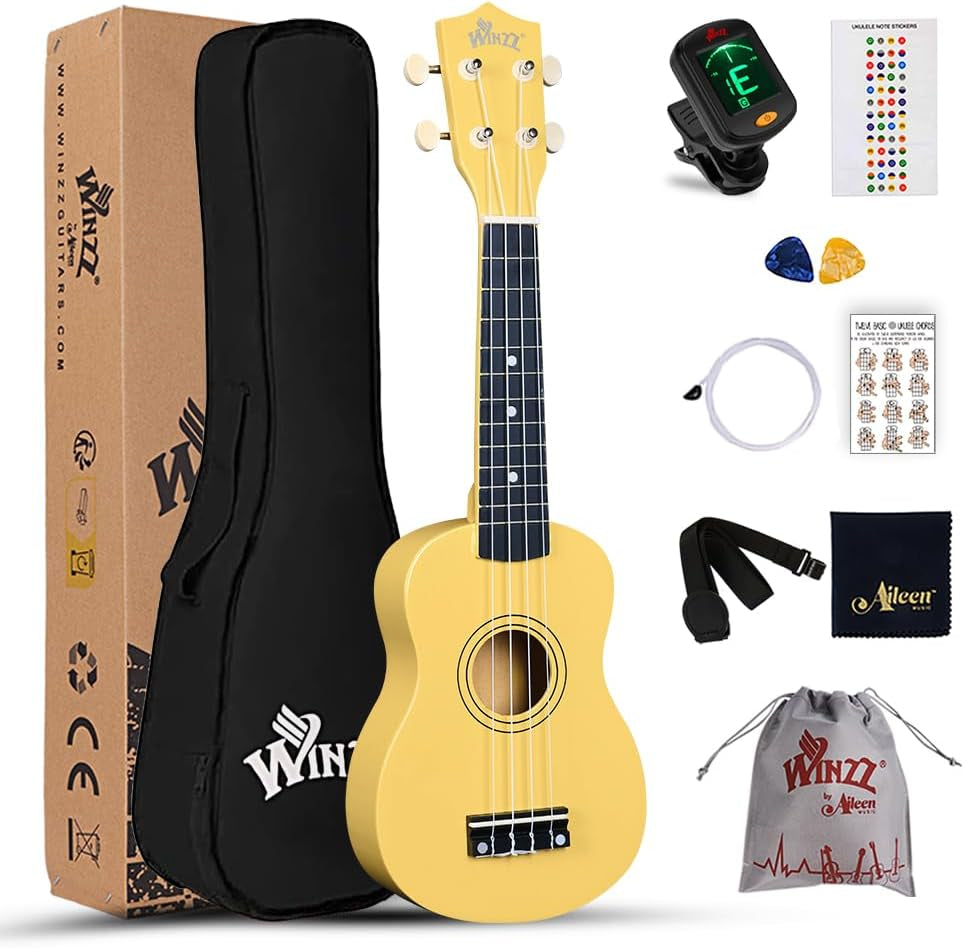 Soprano Ukulele Starter Kit for Beginners with Bag, Clip-On Tuner, Extra Strings, Strap, Plectrum, Fret Stickers, Chords Card, Polishing Cloth, Baby Yellow