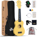 Soprano Ukulele Starter Kit for Beginners with Bag, Clip-On Tuner, Extra Strings, Strap, Plectrum, Fret Stickers, Chords Card, Polishing Cloth, Baby Yellow