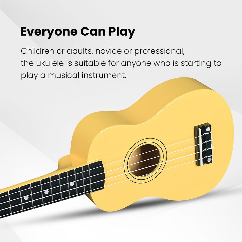 Soprano Ukulele Starter Kit for Beginners with Bag, Clip-On Tuner, Extra Strings, Strap, Plectrum, Fret Stickers, Chords Card, Polishing Cloth, Baby Yellow