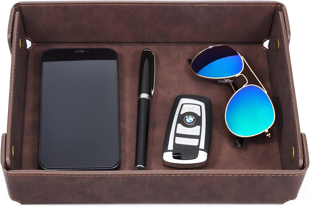Faux Leather Valet Tray Organizer for Men - Catch-All Tray for Entryway Table Key, Wallet, Watch, Coin Change, Phone, Dresser EDC Dump Jewelry, Bedside Nightstand Desk-Top Catchall