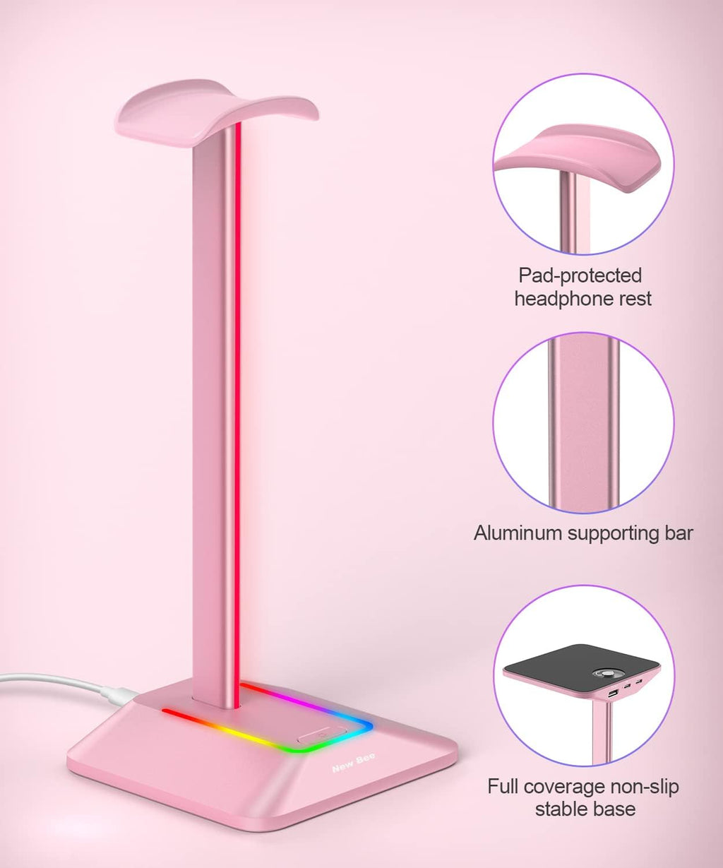 RGB Headphone Stand Gaming Headset Holder USB Charger Desktop Pink