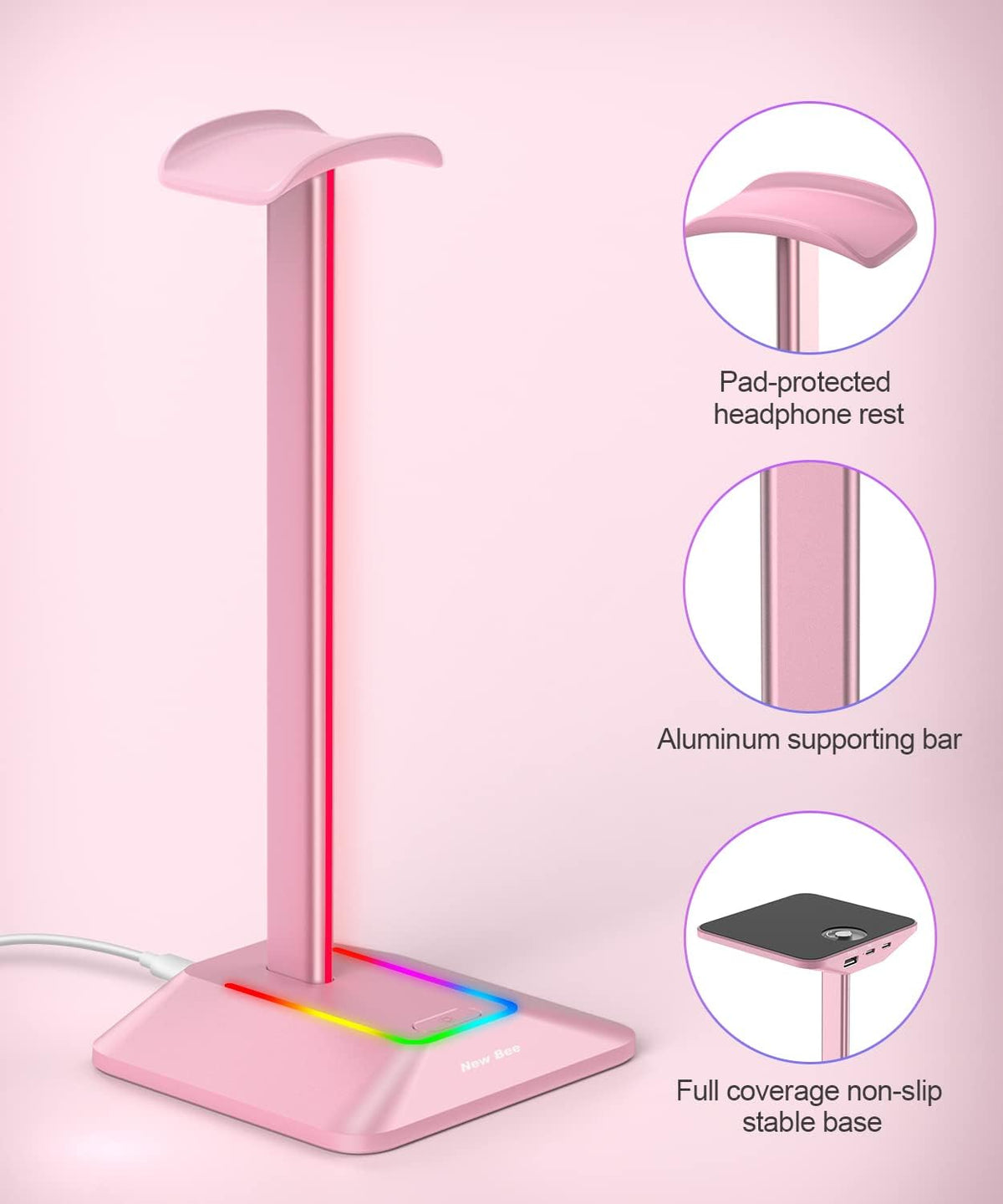 RGB Headphone Stand Gaming Headset Holder USB Charger Desktop Pink