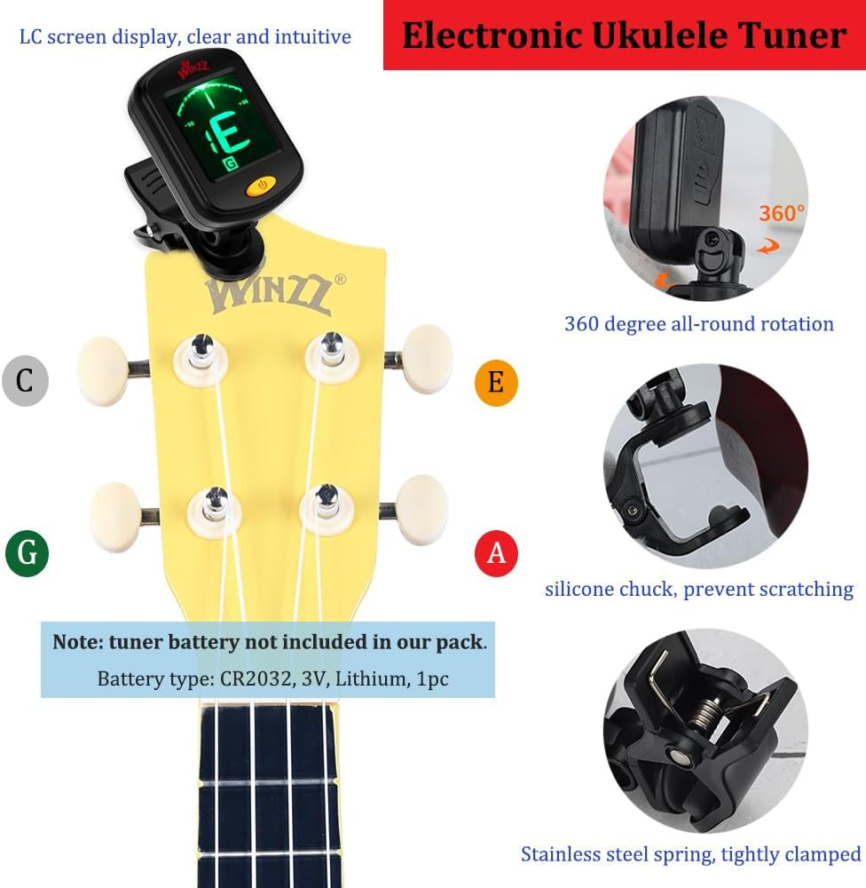 Soprano Ukulele Starter Kit for Beginners with Bag, Clip-On Tuner, Extra Strings, Strap, Plectrum, Fret Stickers, Chords Card, Polishing Cloth, Baby Yellow