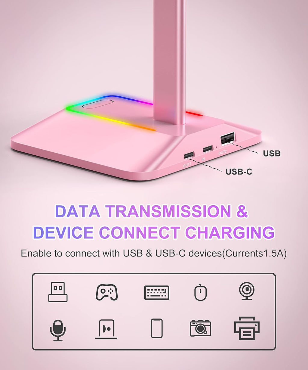 RGB Headphone Stand Gaming Headset Holder USB Charger Desktop Pink