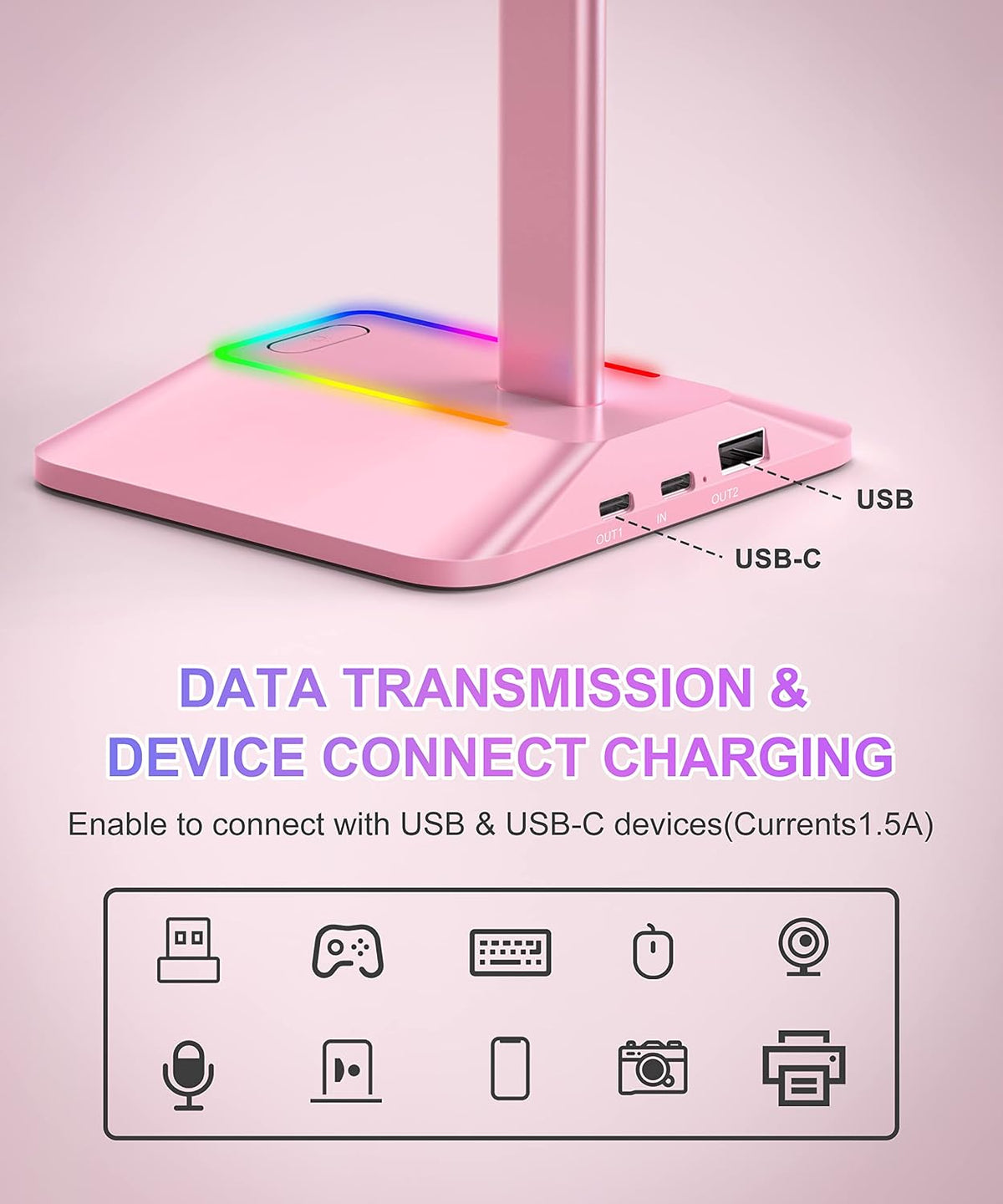 RGB Headphone Stand Gaming Headset Holder USB Charger Desktop Pink