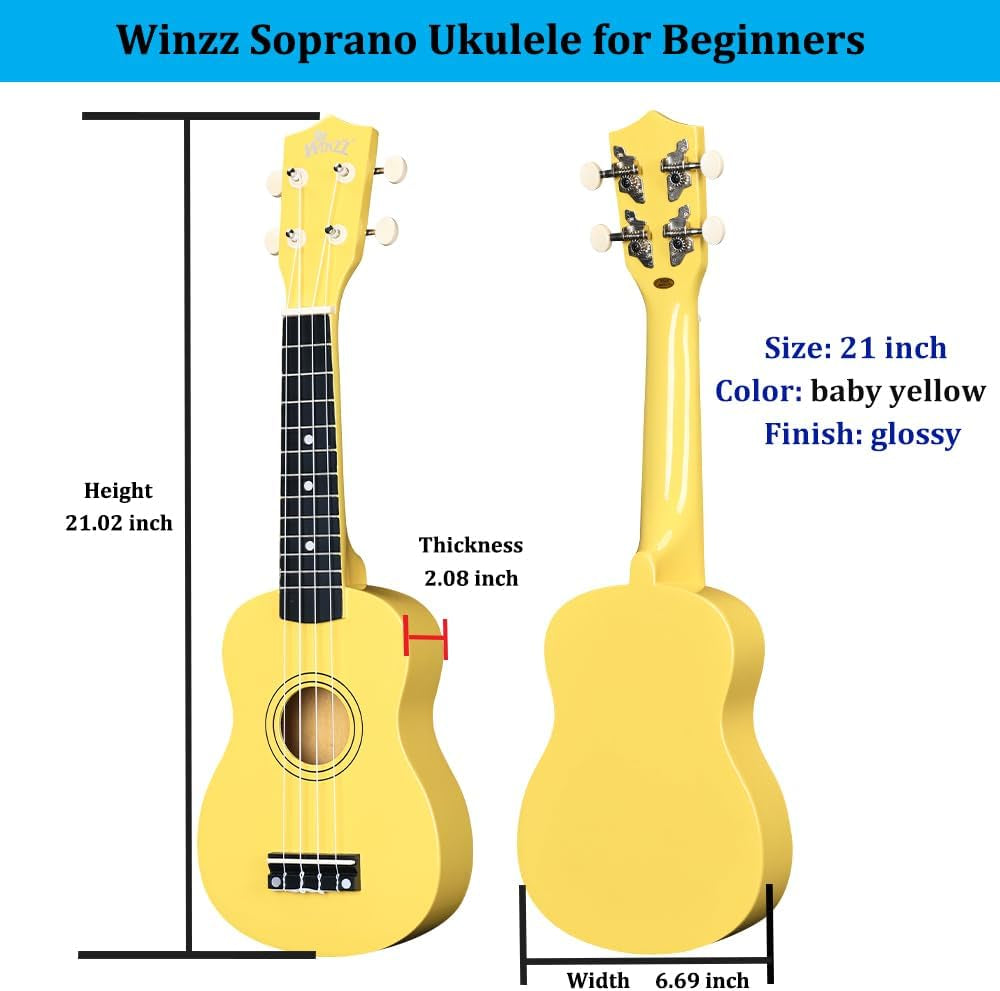 Soprano Ukulele Starter Kit for Beginners with Bag, Clip-On Tuner, Extra Strings, Strap, Plectrum, Fret Stickers, Chords Card, Polishing Cloth, Baby Yellow