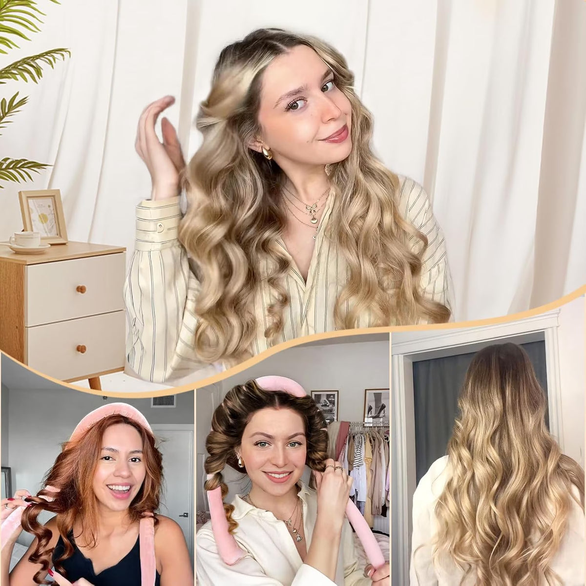 Heatless Hair Curler, Overnight Curl Headband for Natural Wavy Curls,Include Hair Clip Scrunchies for Styling