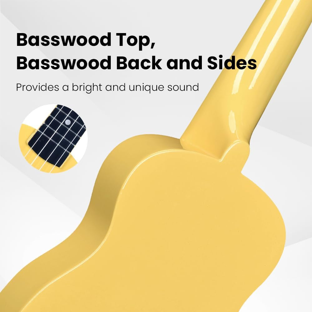 Soprano Ukulele Starter Kit for Beginners with Bag, Clip-On Tuner, Extra Strings, Strap, Plectrum, Fret Stickers, Chords Card, Polishing Cloth, Baby Yellow