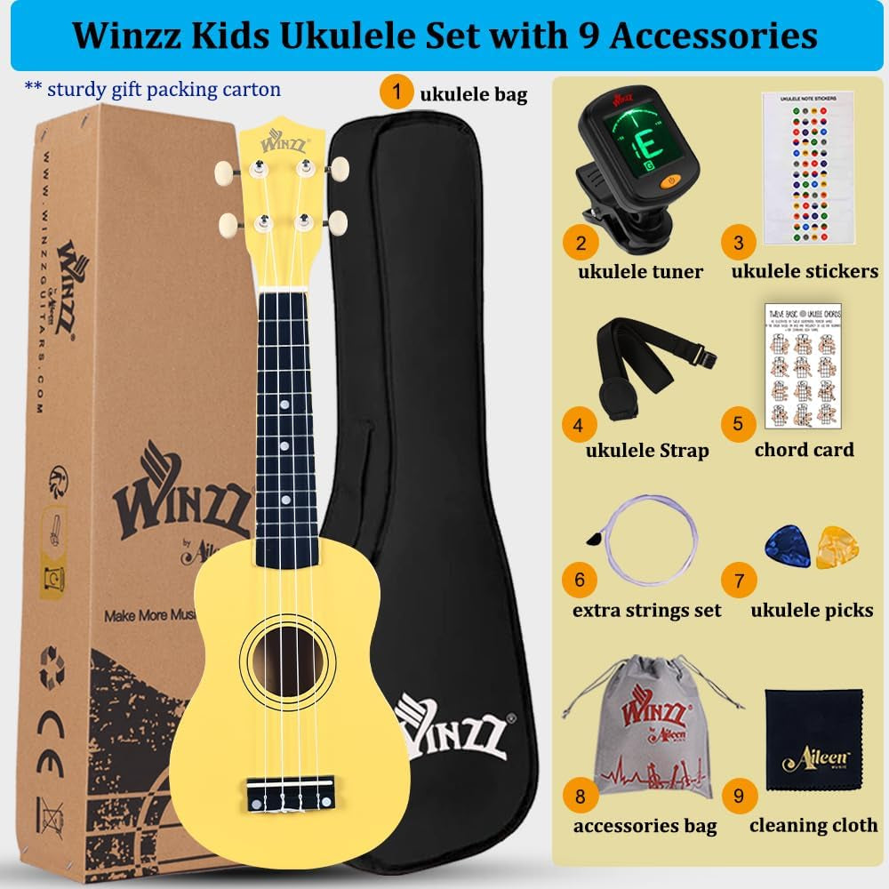 Soprano Ukulele Starter Kit for Beginners with Bag, Clip-On Tuner, Extra Strings, Strap, Plectrum, Fret Stickers, Chords Card, Polishing Cloth, Baby Yellow