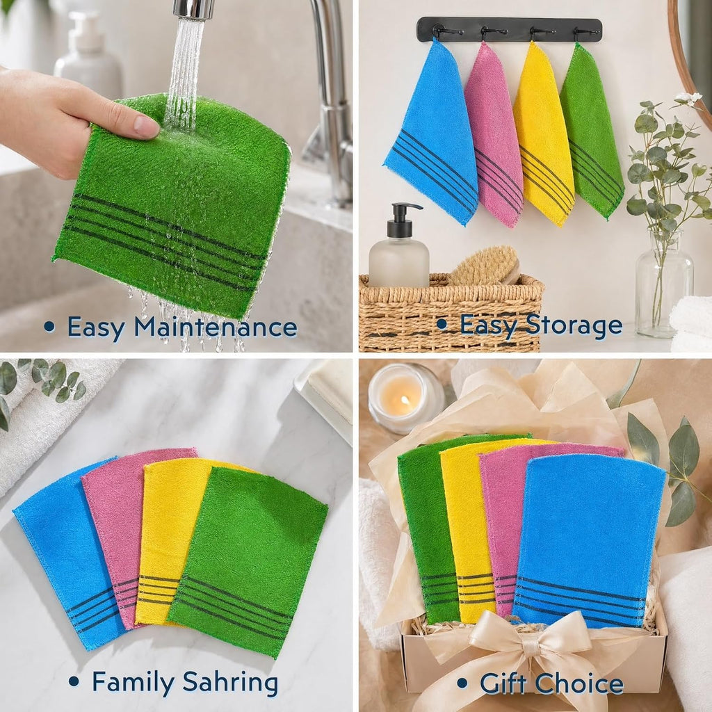 4 Pack Korean Exfoliating Mitt, Body Scrub Glove Bath Washcloth Set