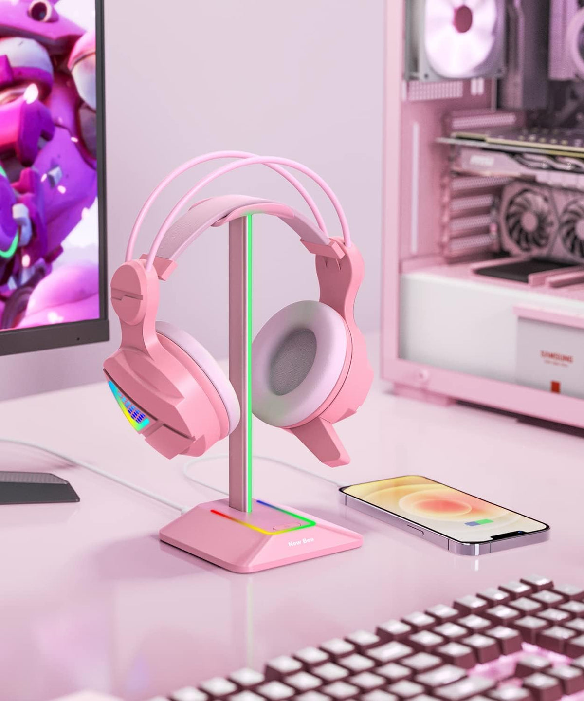 RGB Headphone Stand Gaming Headset Holder USB Charger Desktop Pink