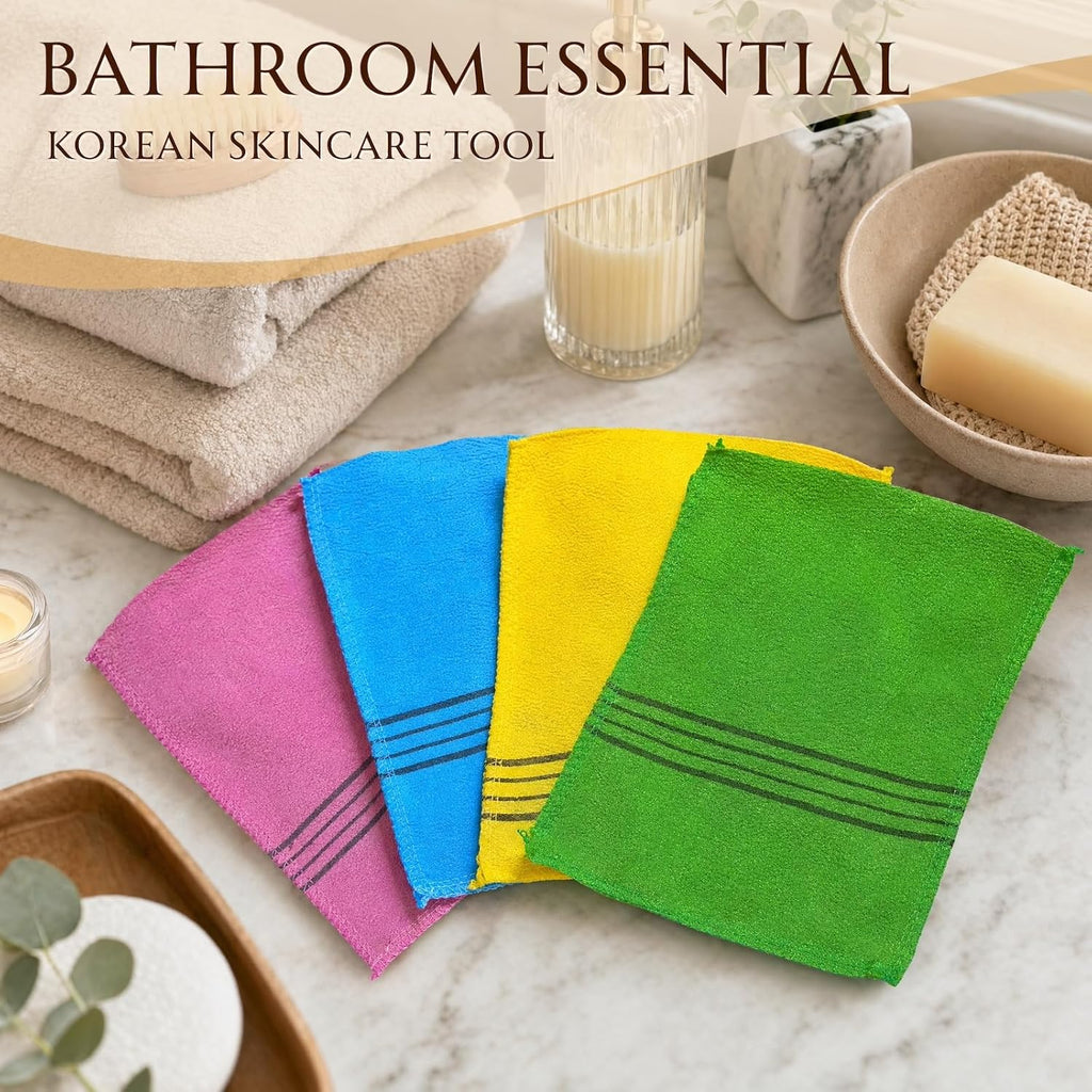 4 Pack Korean Exfoliating Mitt, Body Scrub Glove Bath Washcloth Set