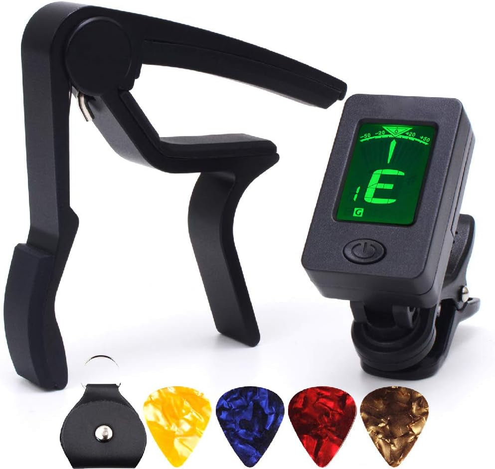 Capo Black Guitar Capo with Tuner Set,Guitar Clip on Tuner for Acoustic Guitar Bass Ukulele Violin