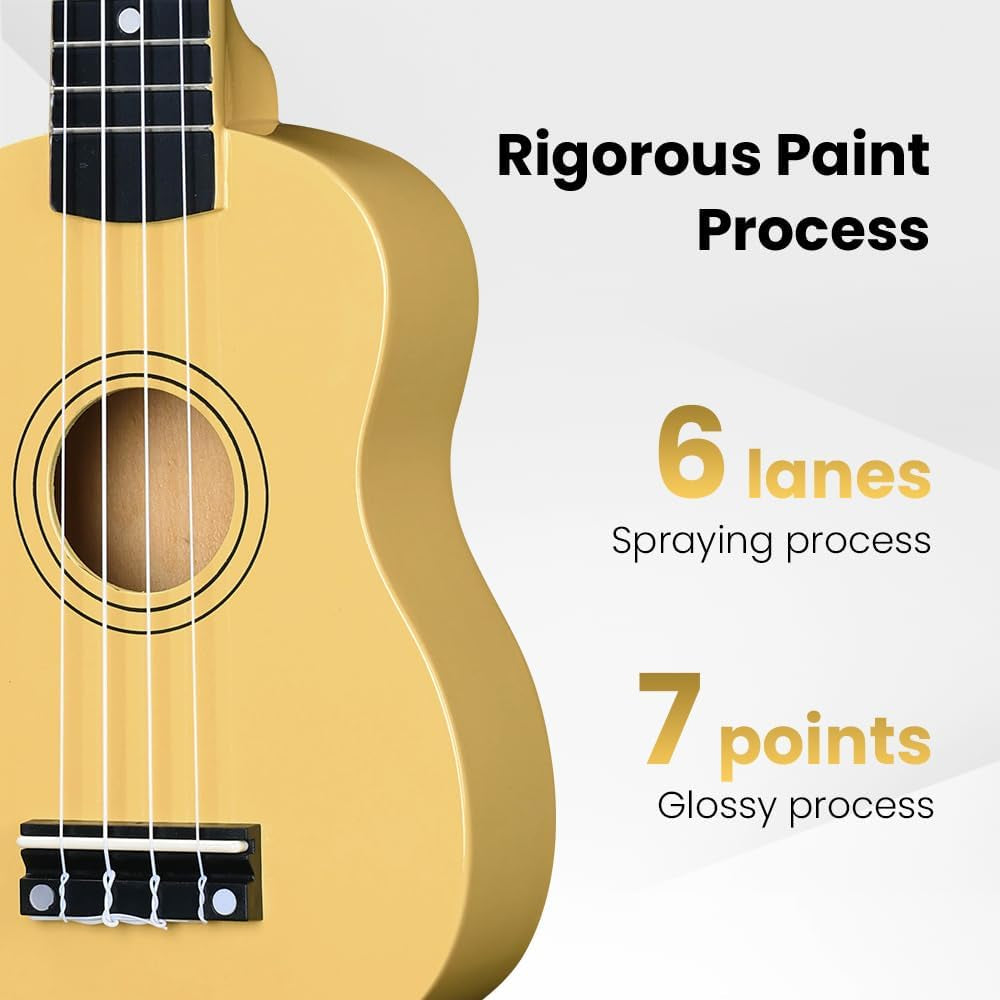 Soprano Ukulele Starter Kit for Beginners with Bag, Clip-On Tuner, Extra Strings, Strap, Plectrum, Fret Stickers, Chords Card, Polishing Cloth, Baby Yellow