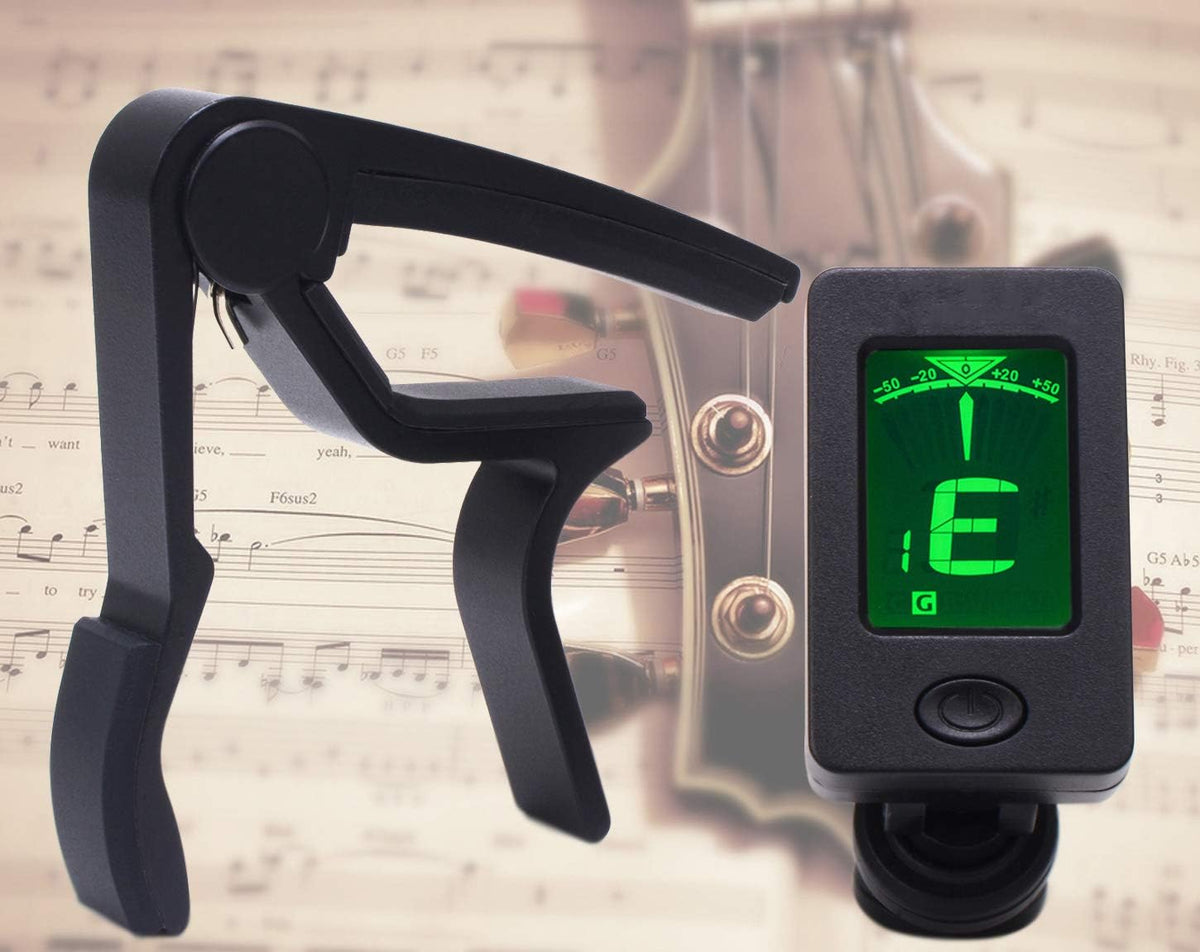 Capo Black Guitar Capo with Tuner Set,Guitar Clip on Tuner for Acoustic Guitar Bass Ukulele Violin